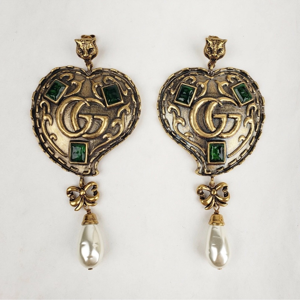 Gucci Dionysus Heart Pearl Drop Pierced Earrings with COA
